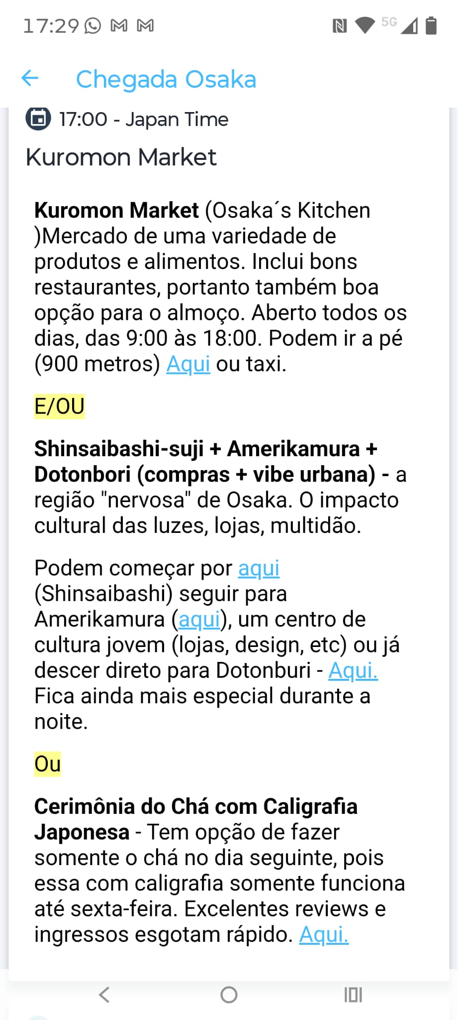 Detalhe de Osaka com orientações, horários e links de trajetos